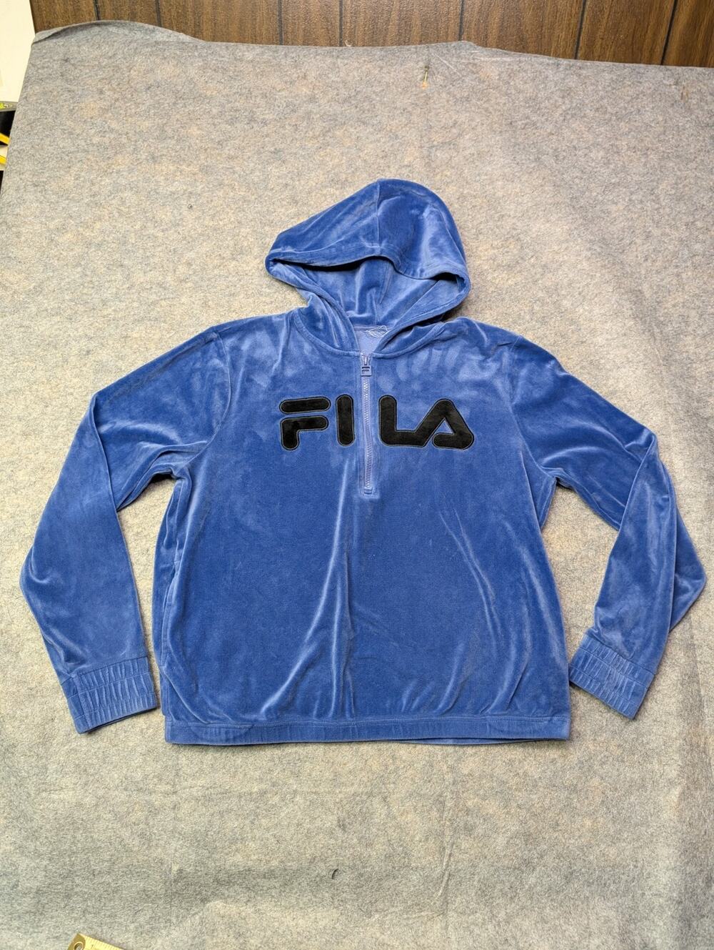 FILA Zip Hoodie Pullover Womens S/M Indigo Blue Velvet Logo Long Sleeve Retro